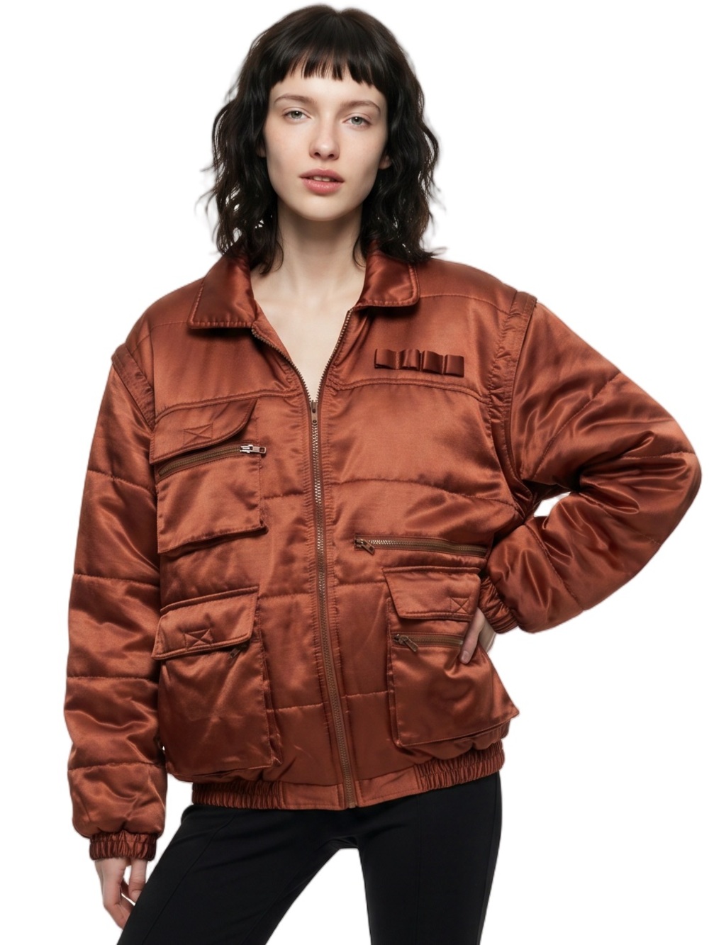 VINTAGE  Metallic Orange Puffer coat vest combo Ski Jacket Streetwear Pockets
